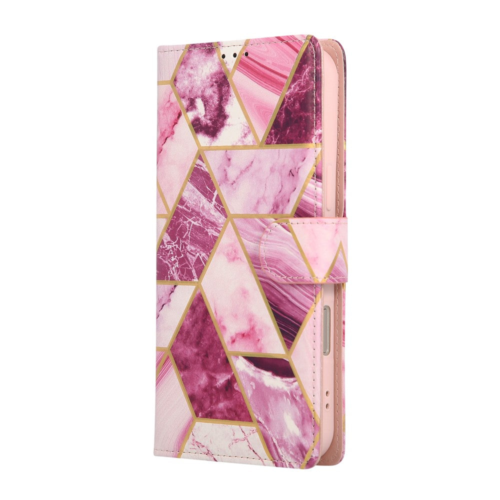 For iPhone 17 Pro Max Case Lacquered Marble Pattern Leather Phone Cover with Wrist Strap - Purple