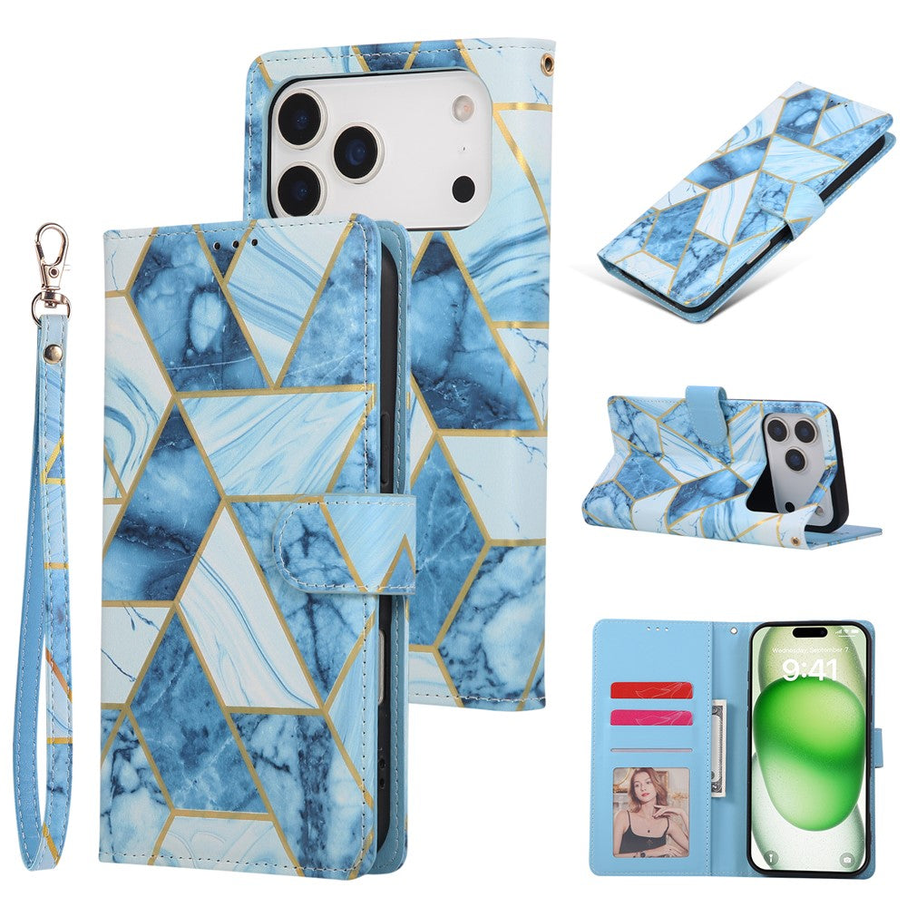 For iPhone 17 Pro Max Case Lacquered Marble Pattern Leather Phone Cover with Wrist Strap - Blue