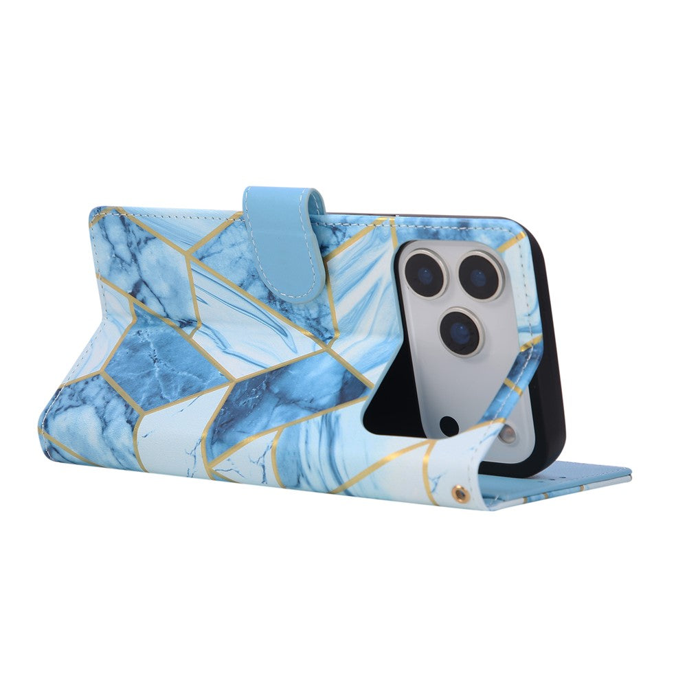 For iPhone 17 Pro Max Case Lacquered Marble Pattern Leather Phone Cover with Wrist Strap - Blue