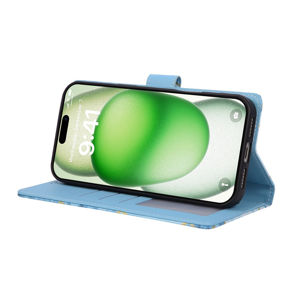 For iPhone 17 Pro Max Case Lacquered Marble Pattern Leather Phone Cover with Wrist Strap - Blue