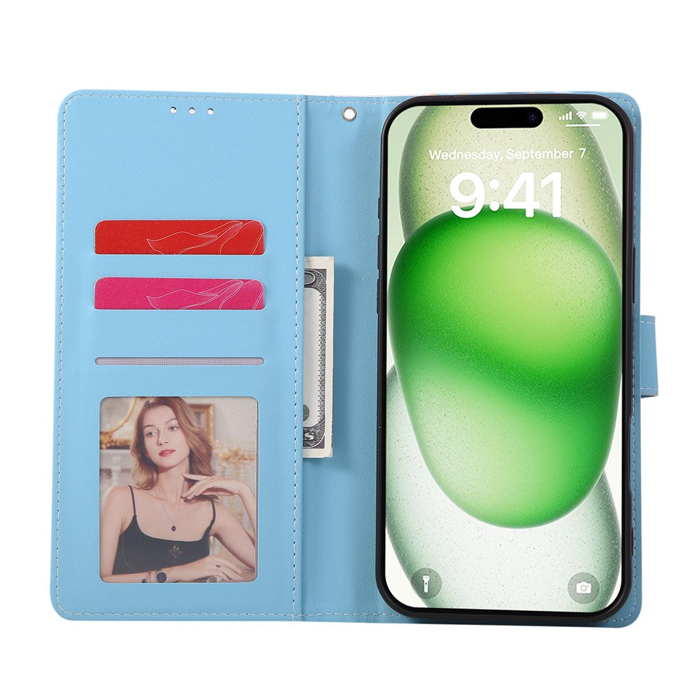 For iPhone 17 Pro Max Case Lacquered Marble Pattern Leather Phone Cover with Wrist Strap - Blue