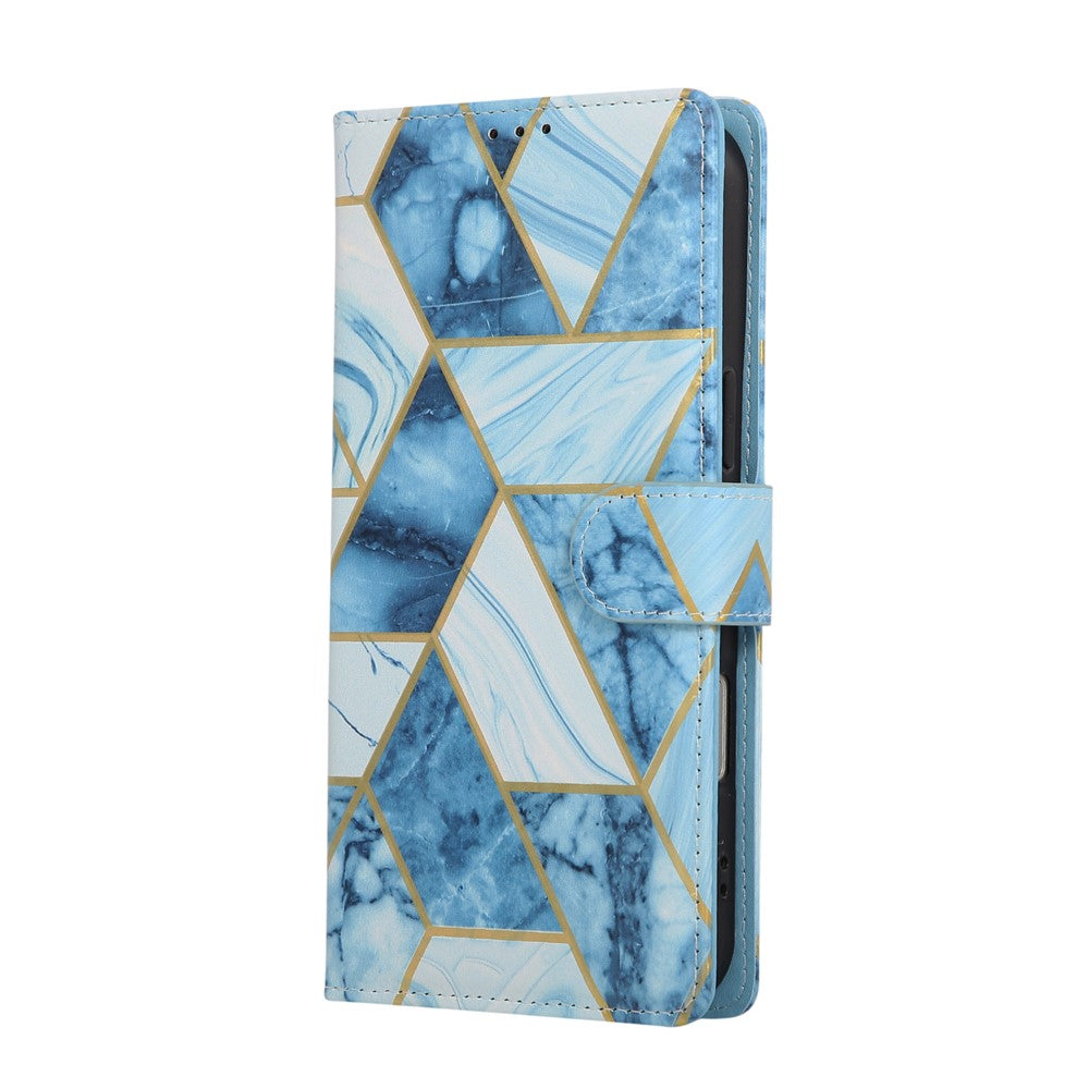 For iPhone 17 Pro Max Case Lacquered Marble Pattern Leather Phone Cover with Wrist Strap - Blue