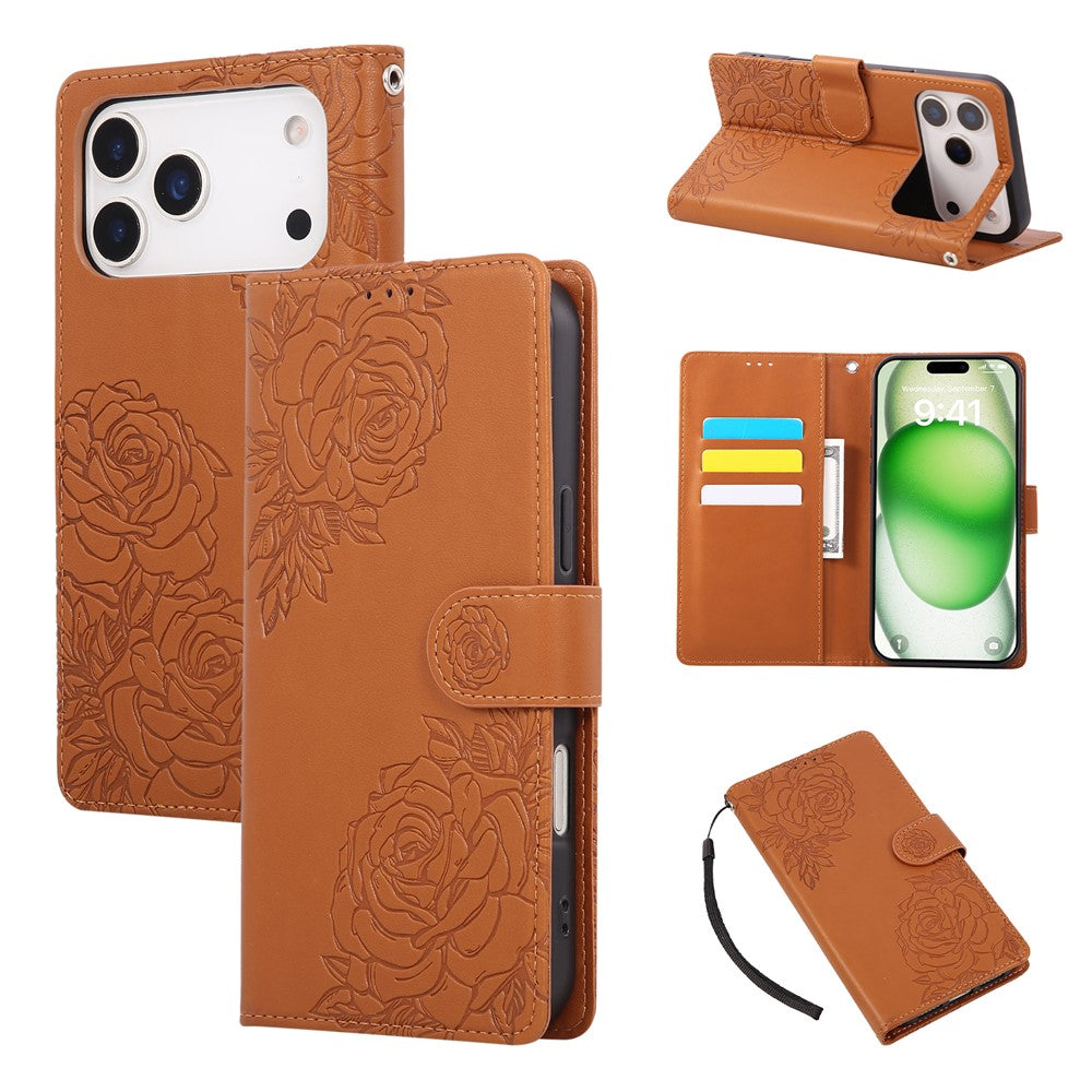 For iPhone 17 Pro Max Case Rose Flower PU Leather Wallet Phone Cover with 3 Card Slots / Wrist Strap - Brown