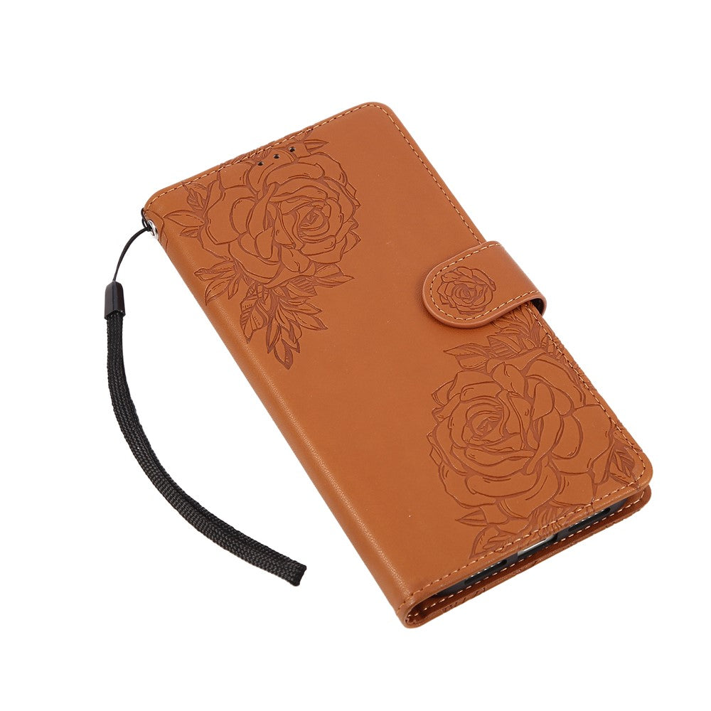 For iPhone 17 Pro Max Case Rose Flower PU Leather Wallet Phone Cover with 3 Card Slots / Wrist Strap - Brown