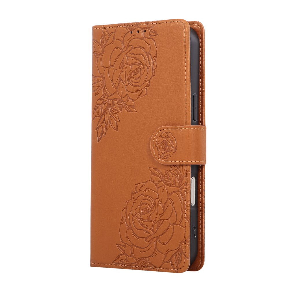 For iPhone 17 Pro Max Case Rose Flower PU Leather Wallet Phone Cover with 3 Card Slots / Wrist Strap - Brown