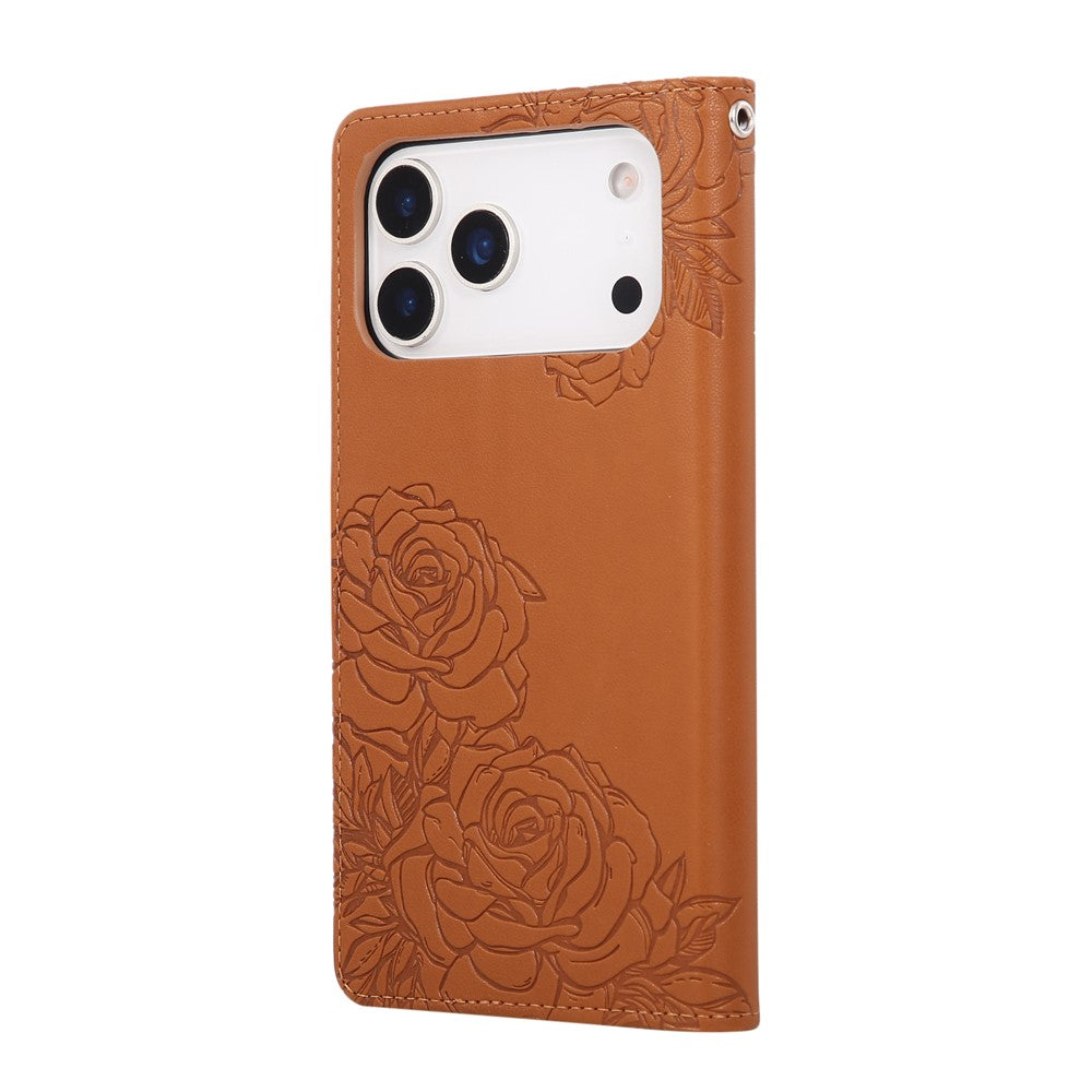 For iPhone 17 Pro Max Case Rose Flower PU Leather Wallet Phone Cover with 3 Card Slots / Wrist Strap - Brown