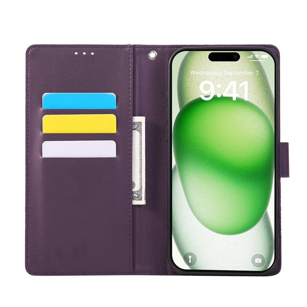 For iPhone 17 Pro Max Case Rose Flower PU Leather Wallet Phone Cover with 3 Card Slots / Wrist Strap - Dark Purple