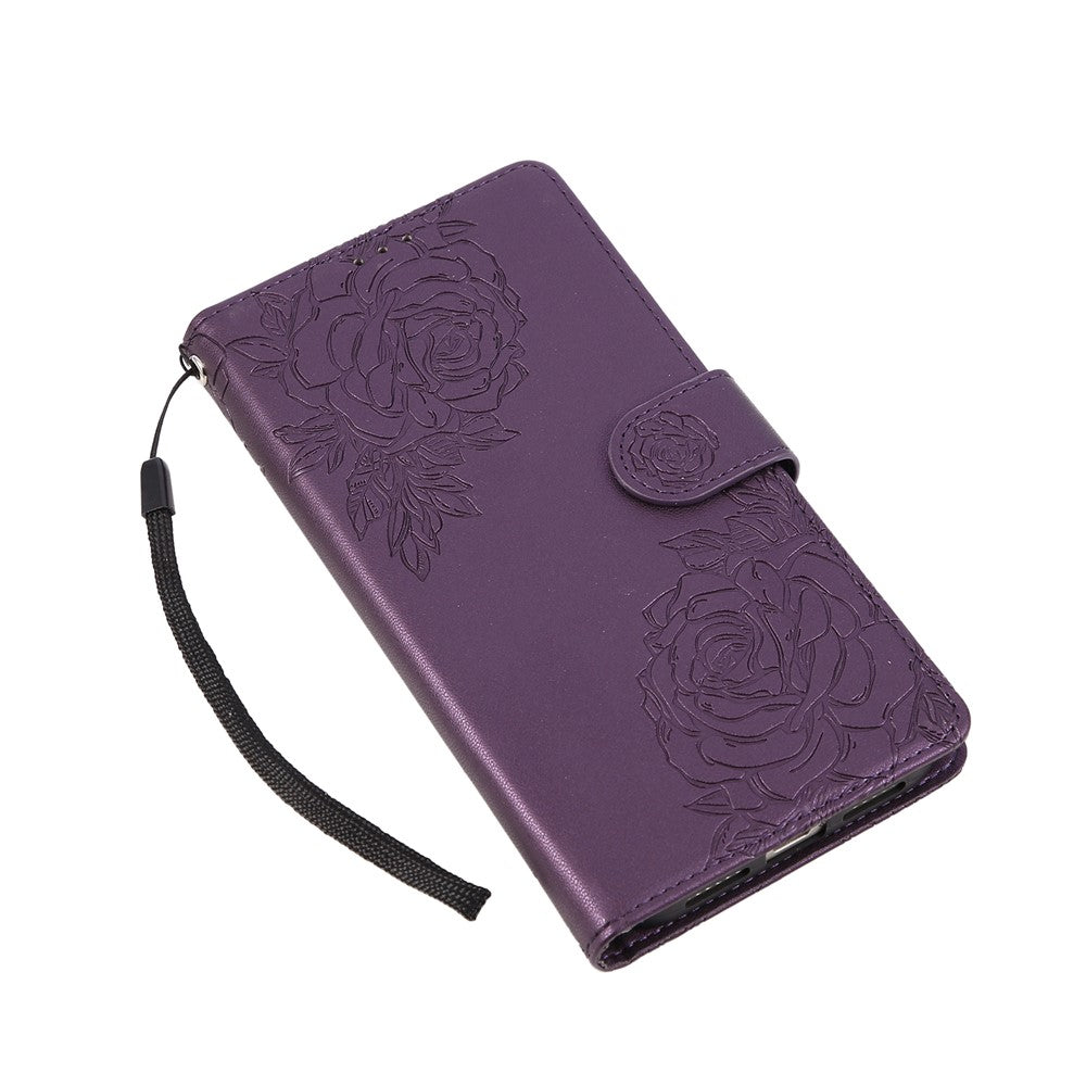 For iPhone 17 Pro Max Case Rose Flower PU Leather Wallet Phone Cover with 3 Card Slots / Wrist Strap - Dark Purple