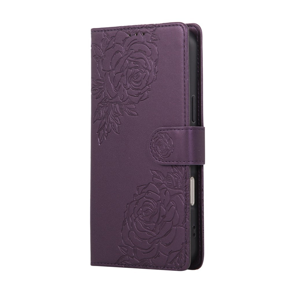 For iPhone 17 Pro Max Case Rose Flower PU Leather Wallet Phone Cover with 3 Card Slots / Wrist Strap - Dark Purple