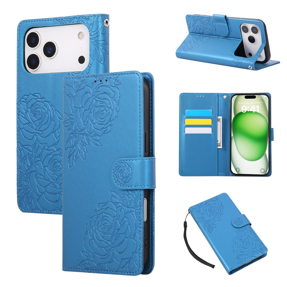 For iPhone 17 Pro Max Case Rose Flower PU Leather Wallet Phone Cover with 3 Card Slots / Wrist Strap - Blue
