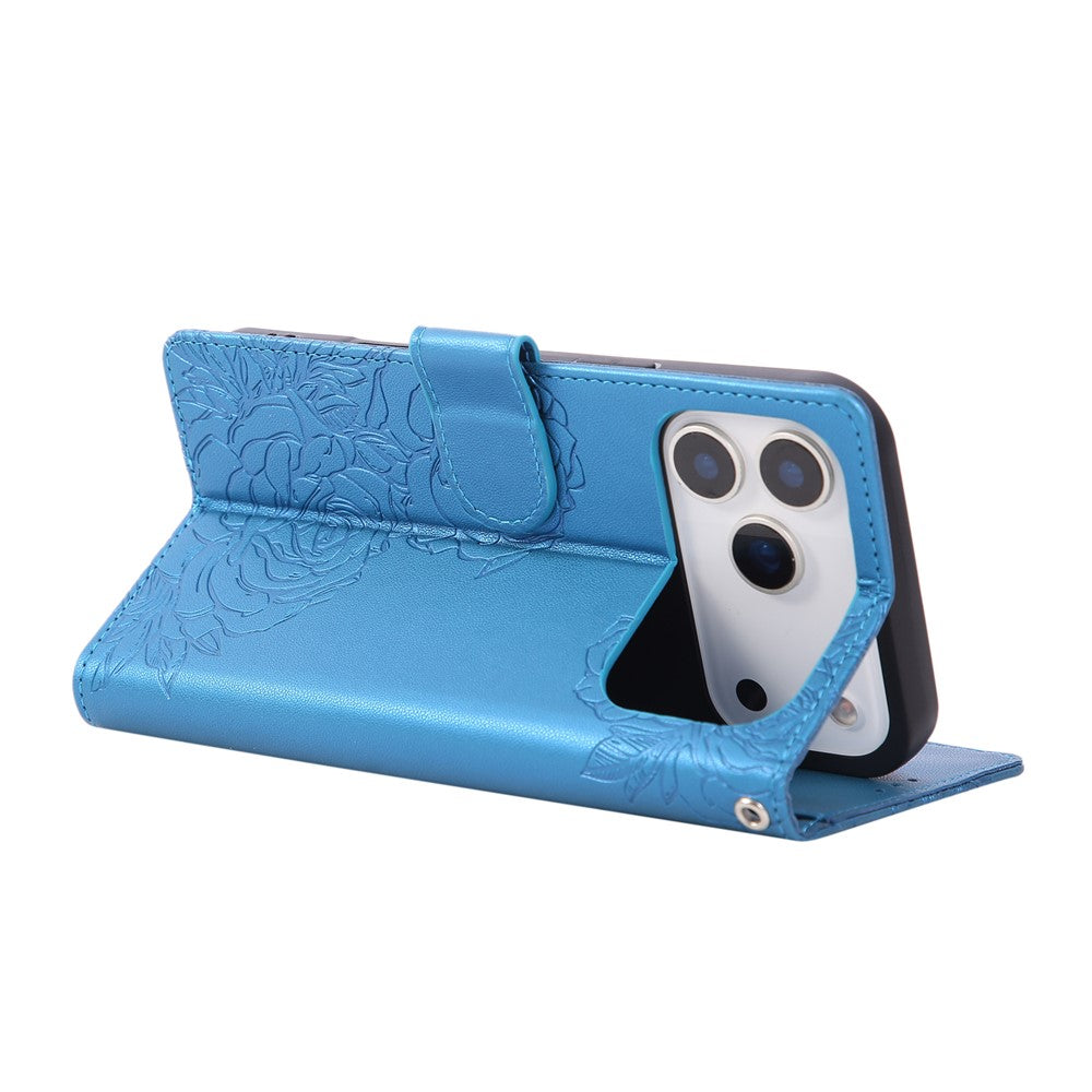 For iPhone 17 Pro Max Case Rose Flower PU Leather Wallet Phone Cover with 3 Card Slots / Wrist Strap - Blue