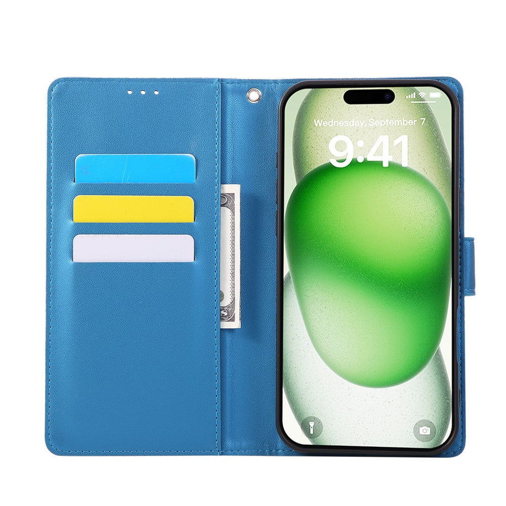 For iPhone 17 Pro Max Case Rose Flower PU Leather Wallet Phone Cover with 3 Card Slots / Wrist Strap - Blue