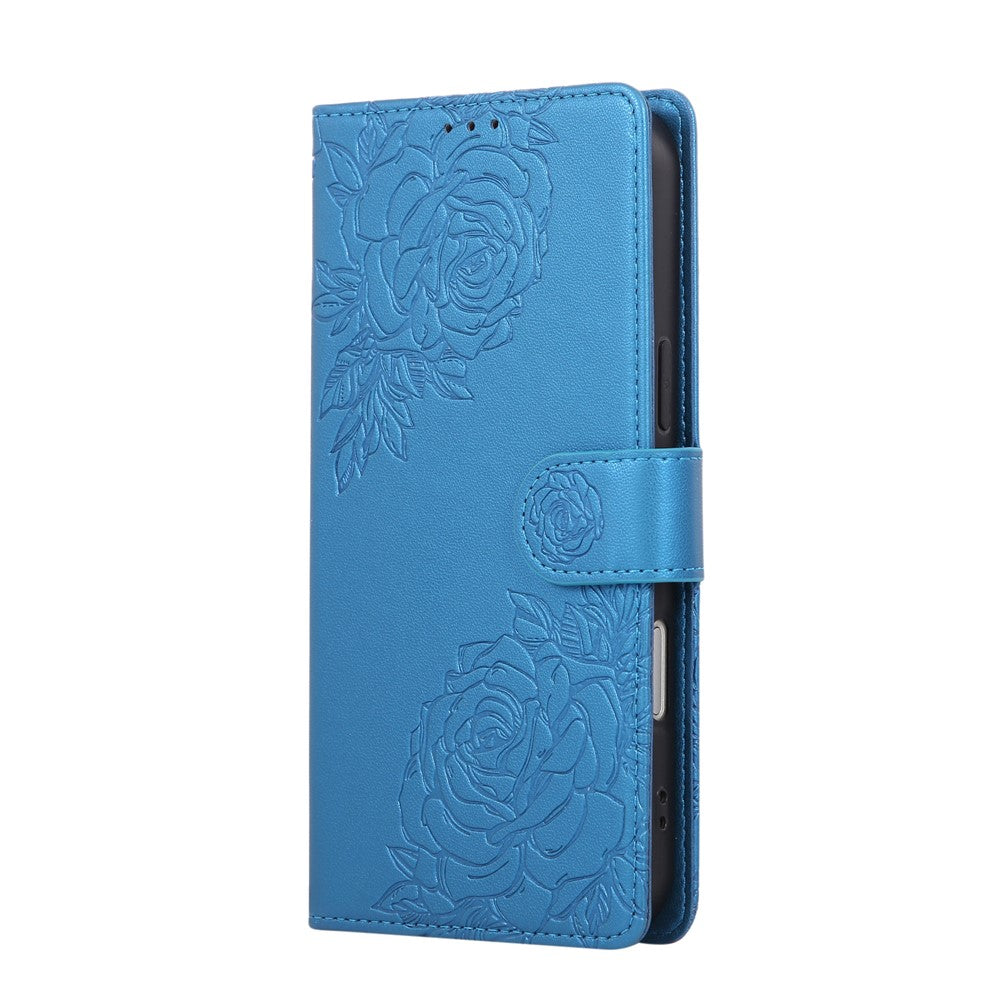 For iPhone 17 Pro Max Case Rose Flower PU Leather Wallet Phone Cover with 3 Card Slots / Wrist Strap - Blue