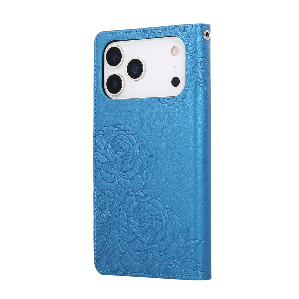 For iPhone 17 Pro Max Case Rose Flower PU Leather Wallet Phone Cover with 3 Card Slots / Wrist Strap - Blue
