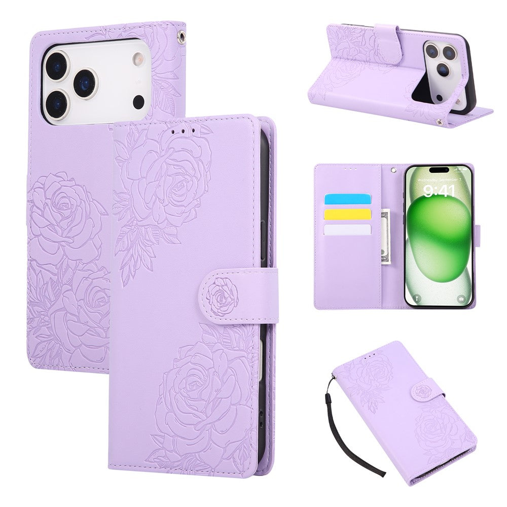 For iPhone 17 Pro Max Case Rose Flower PU Leather Wallet Phone Cover with 3 Card Slots / Wrist Strap - Light Purple