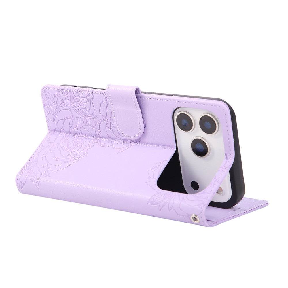 For iPhone 17 Pro Max Case Rose Flower PU Leather Wallet Phone Cover with 3 Card Slots / Wrist Strap - Light Purple
