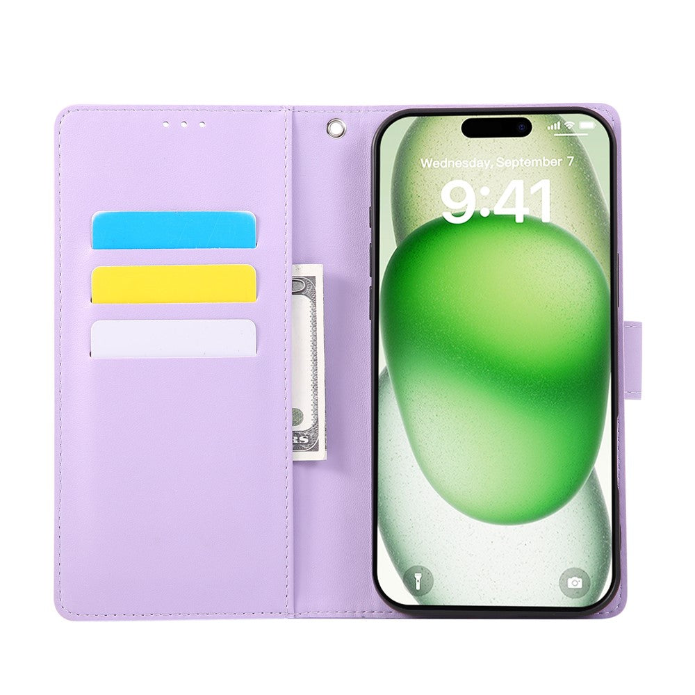 For iPhone 17 Pro Max Case Rose Flower PU Leather Wallet Phone Cover with 3 Card Slots / Wrist Strap - Light Purple