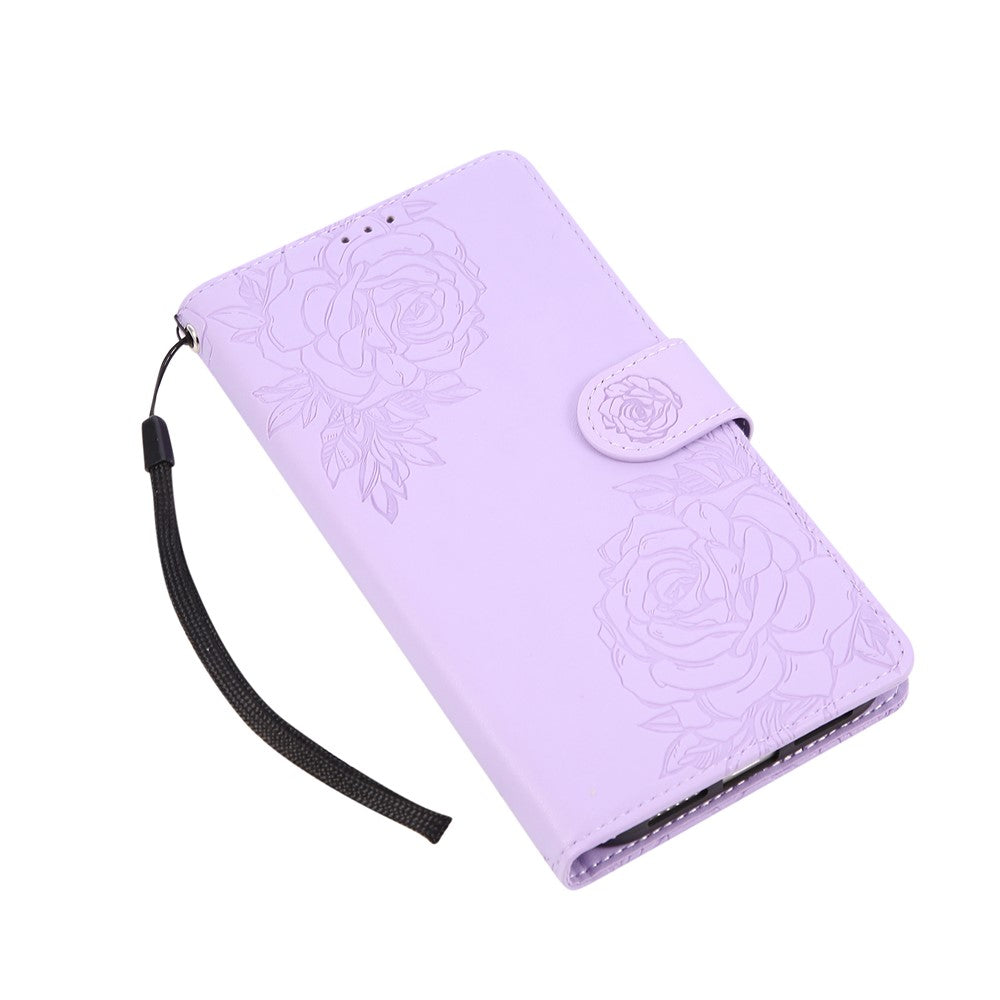 For iPhone 17 Pro Max Case Rose Flower PU Leather Wallet Phone Cover with 3 Card Slots / Wrist Strap - Light Purple