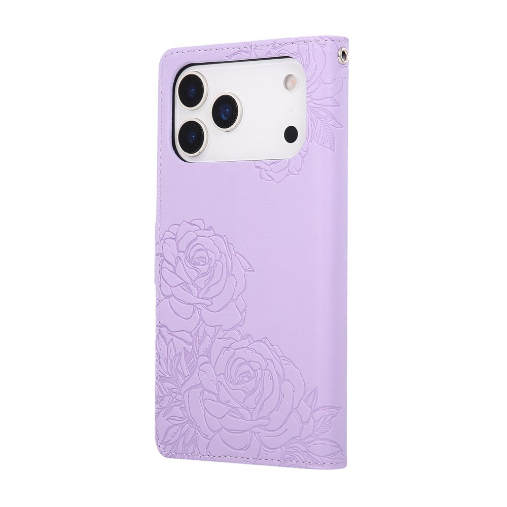 For iPhone 17 Pro Max Case Rose Flower PU Leather Wallet Phone Cover with 3 Card Slots / Wrist Strap - Light Purple