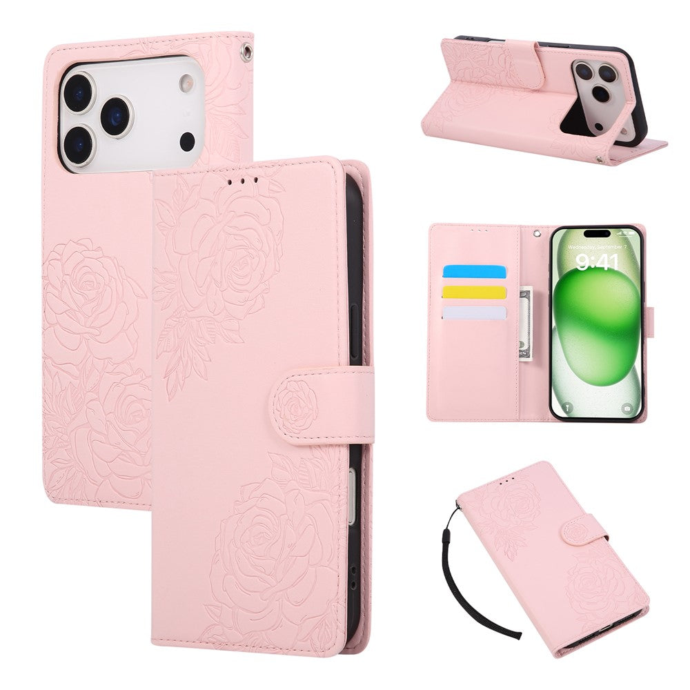 For iPhone 17 Pro Max Case Rose Flower PU Leather Wallet Phone Cover with 3 Card Slots / Wrist Strap - Rose Gold