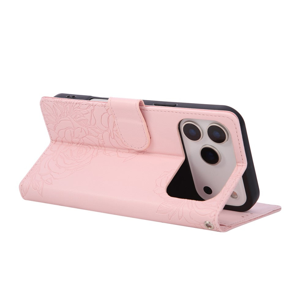 For iPhone 17 Pro Max Case Rose Flower PU Leather Wallet Phone Cover with 3 Card Slots / Wrist Strap - Rose Gold