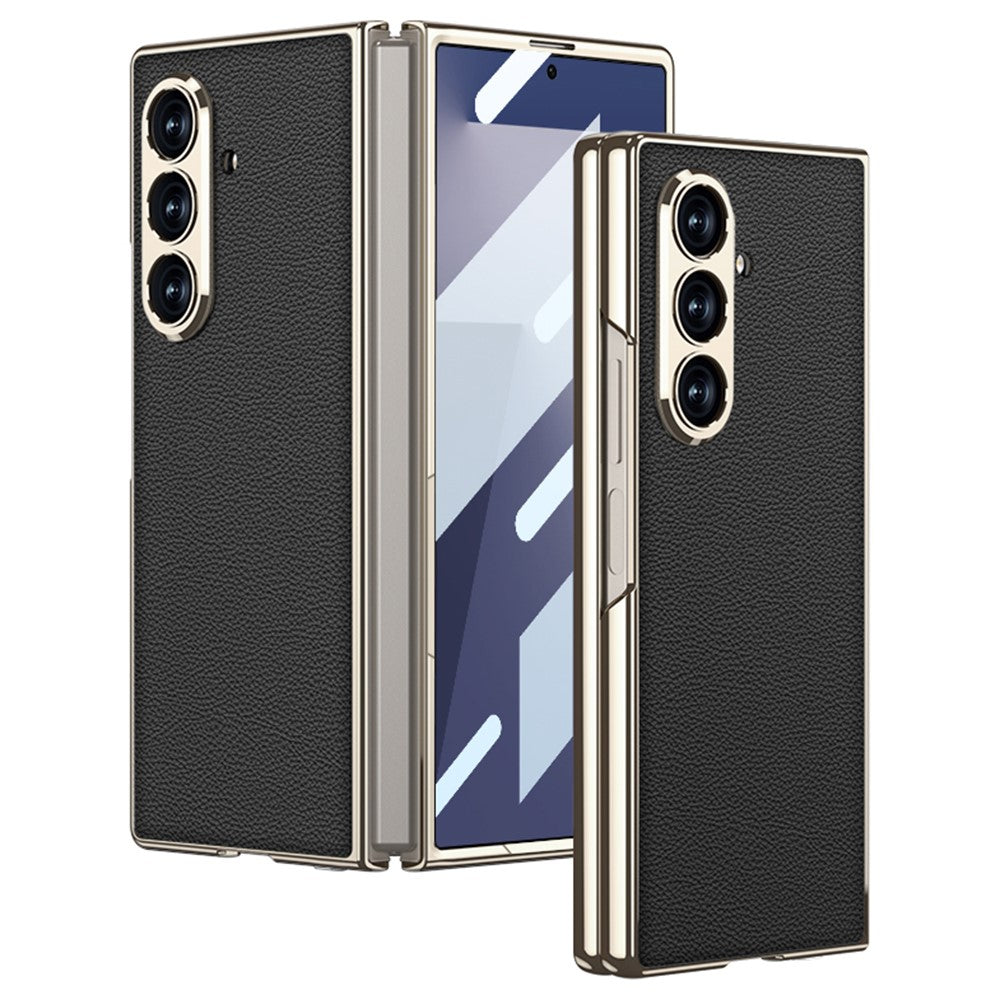GKK For Samsung Galaxy Z Fold7 5G Case Electroplating PC + PU Leather Phone Cover with Screen Film - Black / Gold