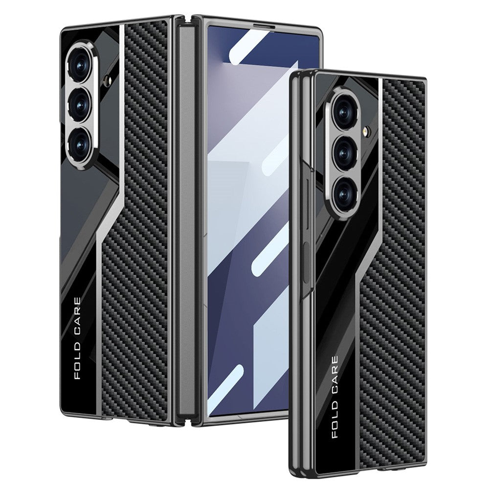 GKK For Samsung Galaxy Z Fold7 5G Case Electroplating PU + PC + Tempered Glass Phone Cover - Carbon Fiber Texture