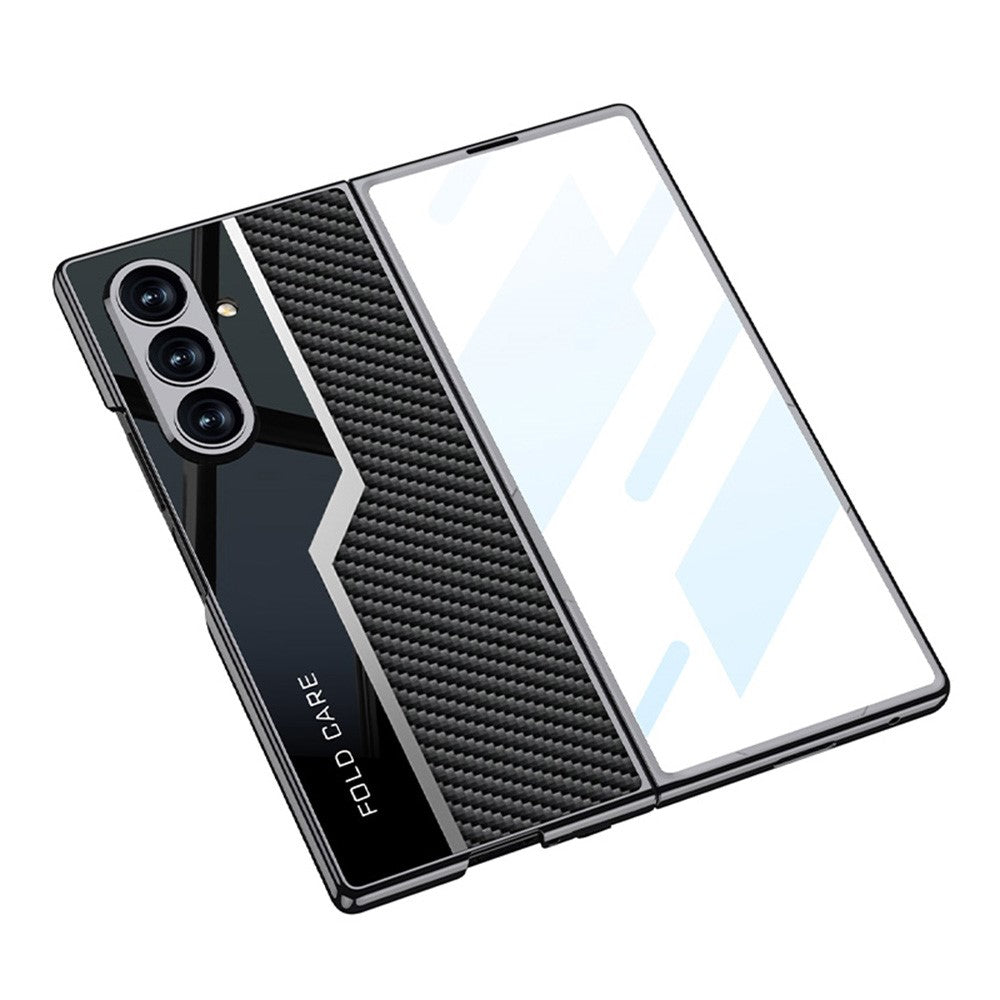GKK For Samsung Galaxy Z Fold7 5G Case Electroplating PU + PC + Tempered Glass Phone Cover - Carbon Fiber Texture