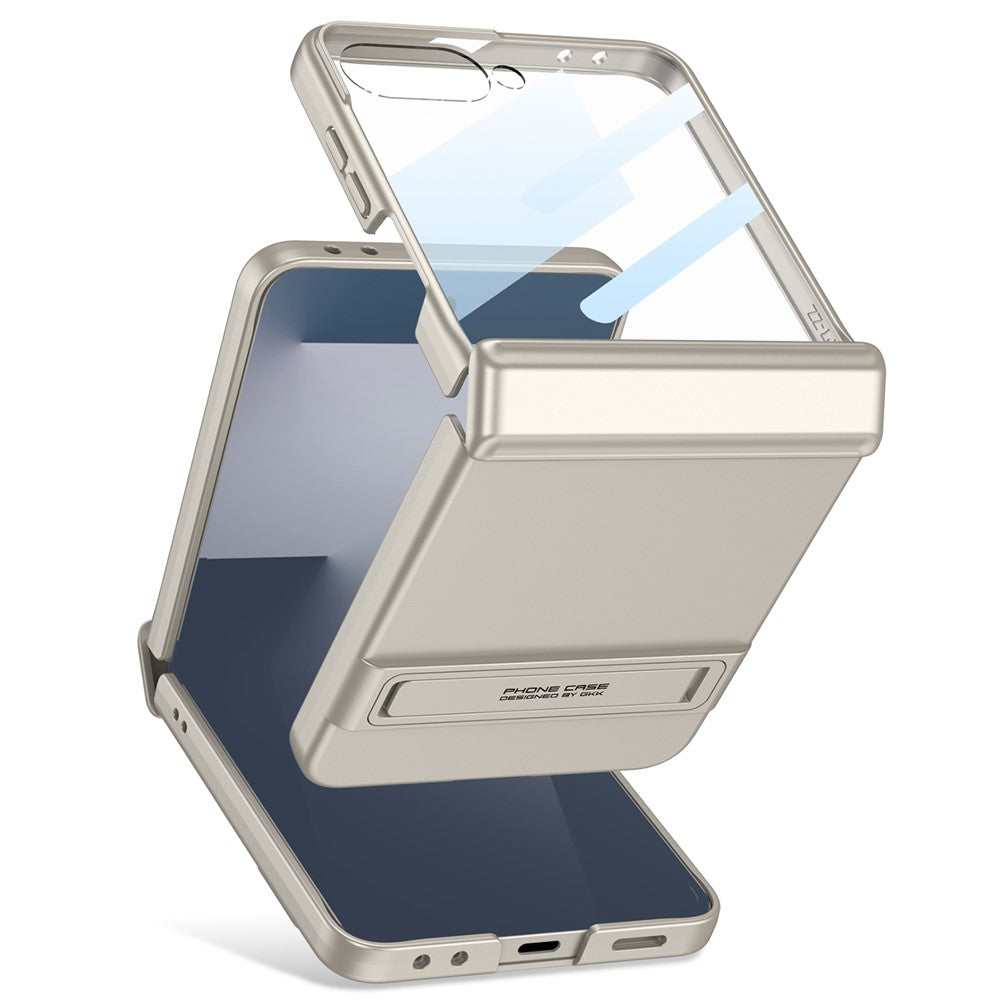 GKK For Samsung Galaxy Z Flip7 5G Kickstand Case Magnetic Hinge Protection PC + Tempered Glass Phone Cover - Grey