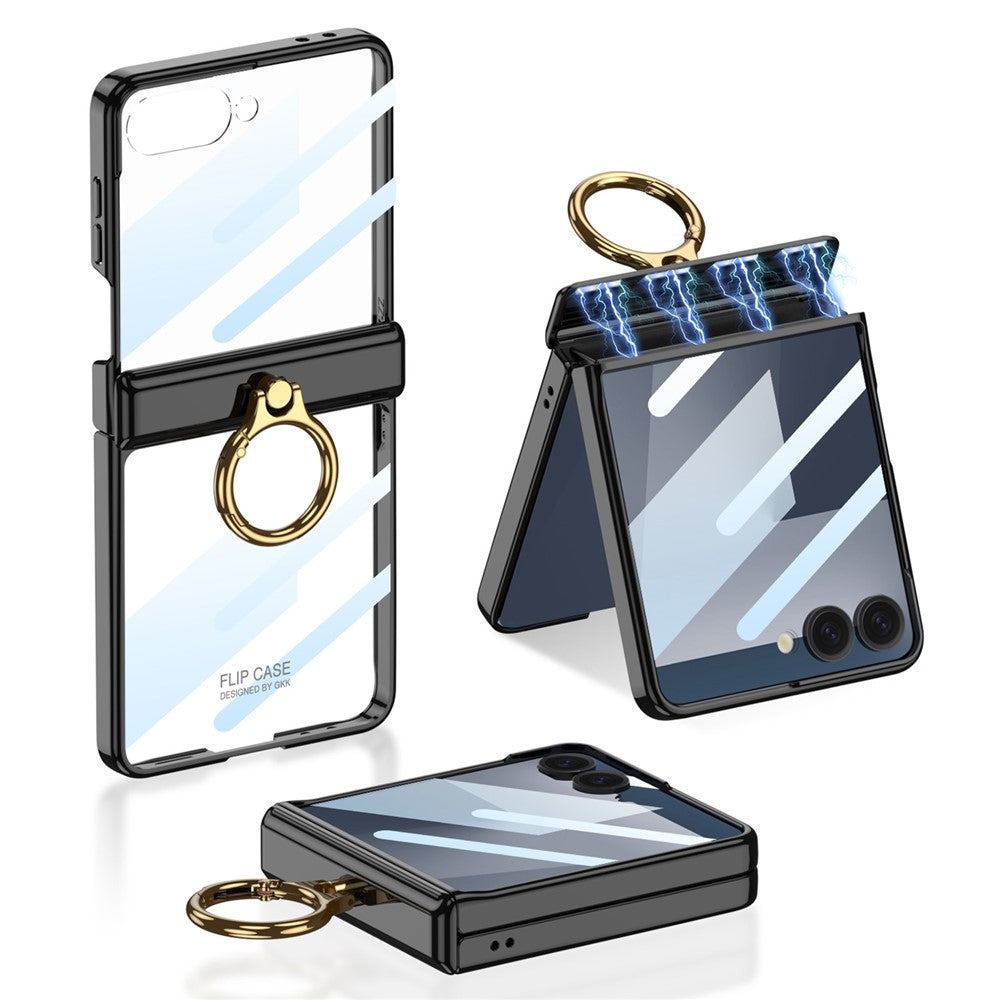 GKK For Samsung Galaxy Z Flip7 5G Kickstand Case Magnetic Hinge Protection PC + Tempered Glass Phone Cover - Black