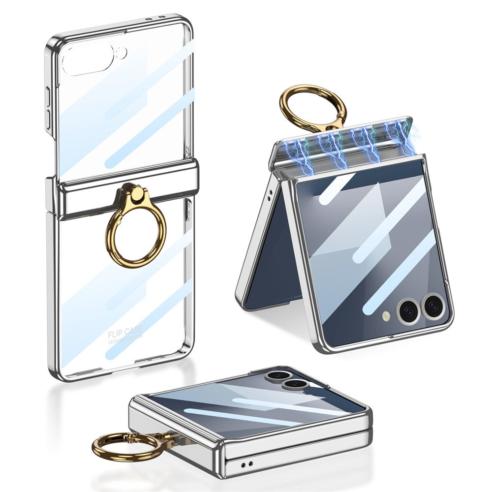 GKK For Samsung Galaxy Z Flip7 5G Kickstand Case Magnetic Hinge Protection PC + Tempered Glass Phone Cover - Silver