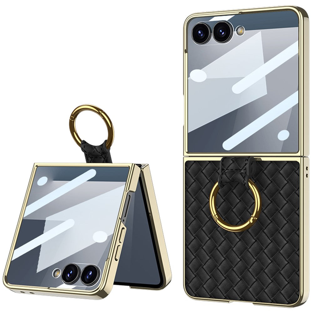 GKK For Samsung Galaxy Z Flip7 5G Phone Case Ring Kickstand Woven Pattern PU Leather Back Cover with Small Screen Film - Black