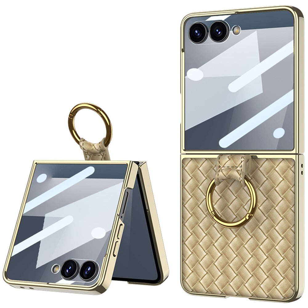 GKK For Samsung Galaxy Z Flip7 5G Phone Case Ring Kickstand Woven Pattern PU Leather Back Cover with Small Screen Film - Champagne Gold