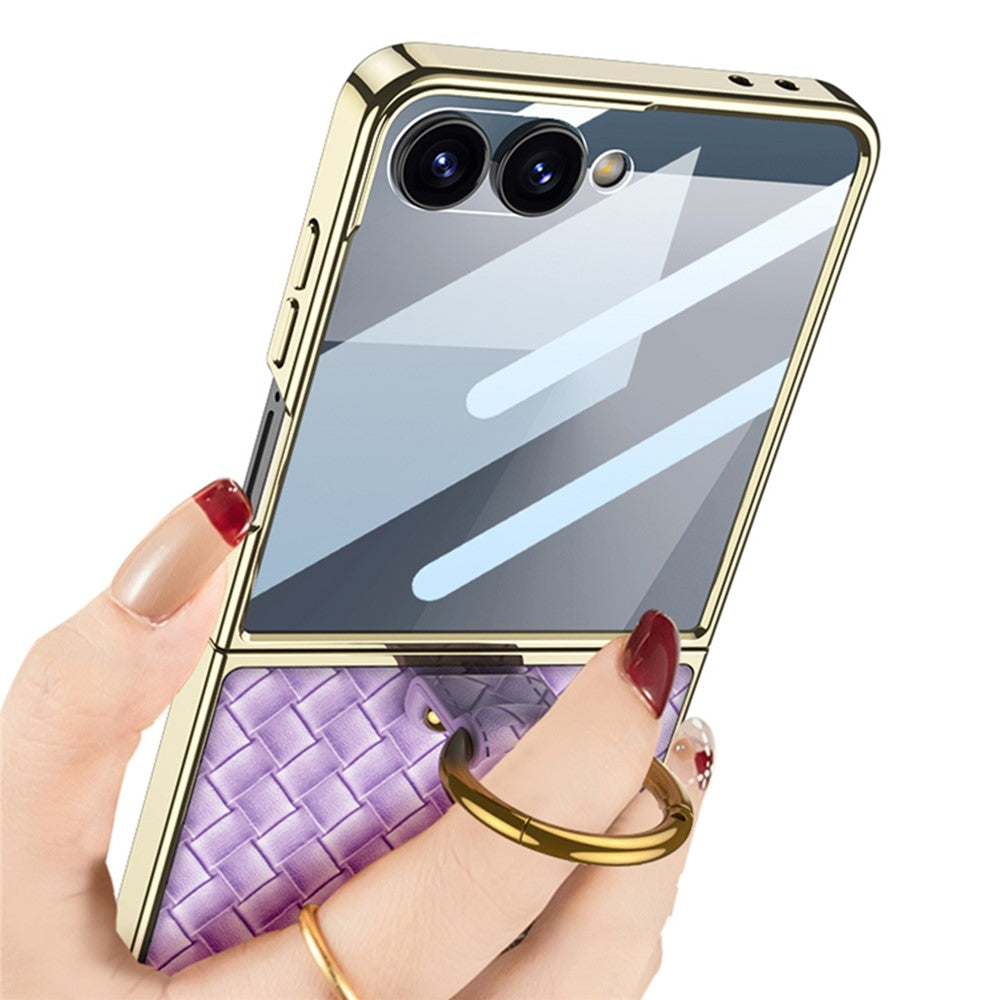 GKK For Samsung Galaxy Z Flip7 5G Phone Case Ring Kickstand Woven Pattern PU Leather Back Cover with Small Screen Film - Champagne Gold