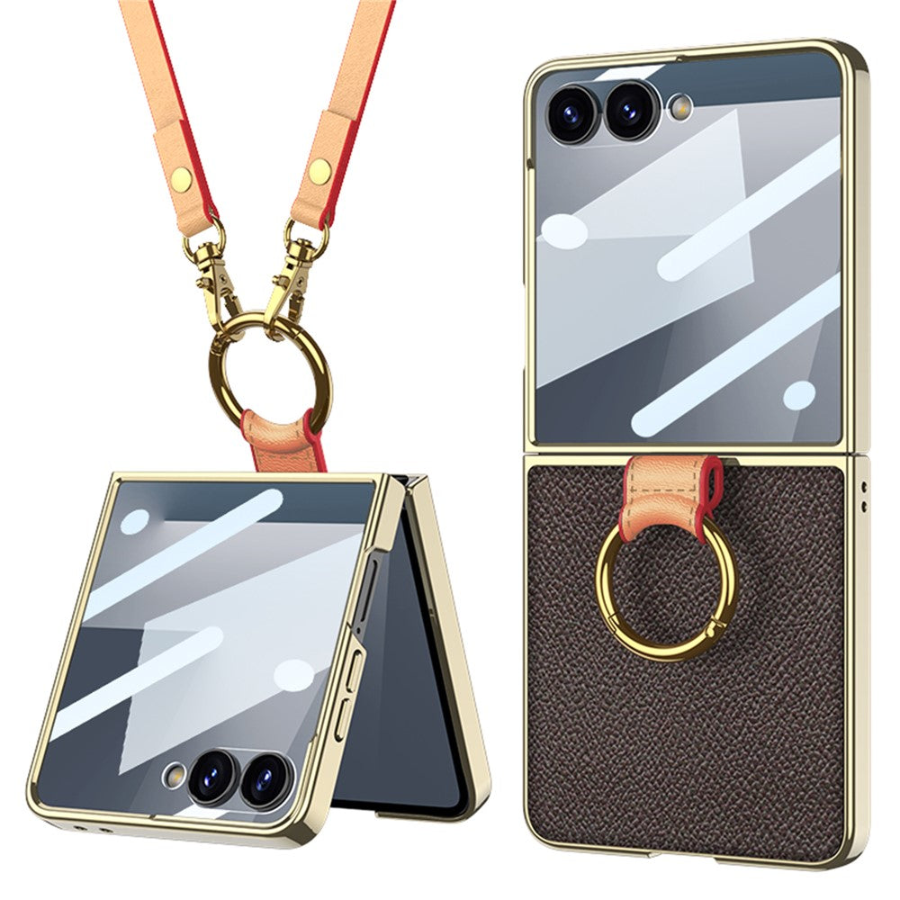 GKK For Samsung Galaxy Z Flip7 5G Case Ring Kickstand PU Leather + PC Phone Cover with Small Screen Film / Shoulder Strap - Coffee