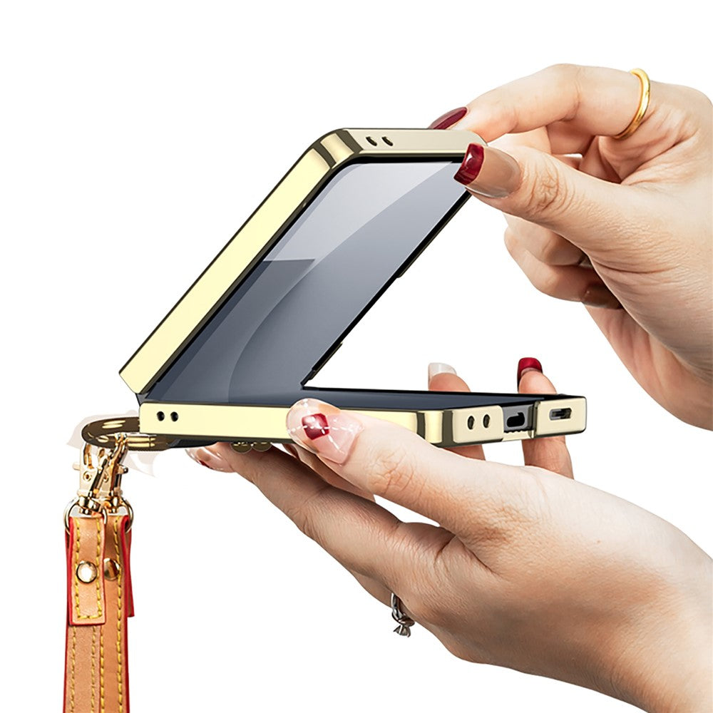 GKK For Samsung Galaxy Z Flip7 5G Case Ring Kickstand PU Leather + PC Phone Cover with Small Screen Film / Shoulder Strap - White