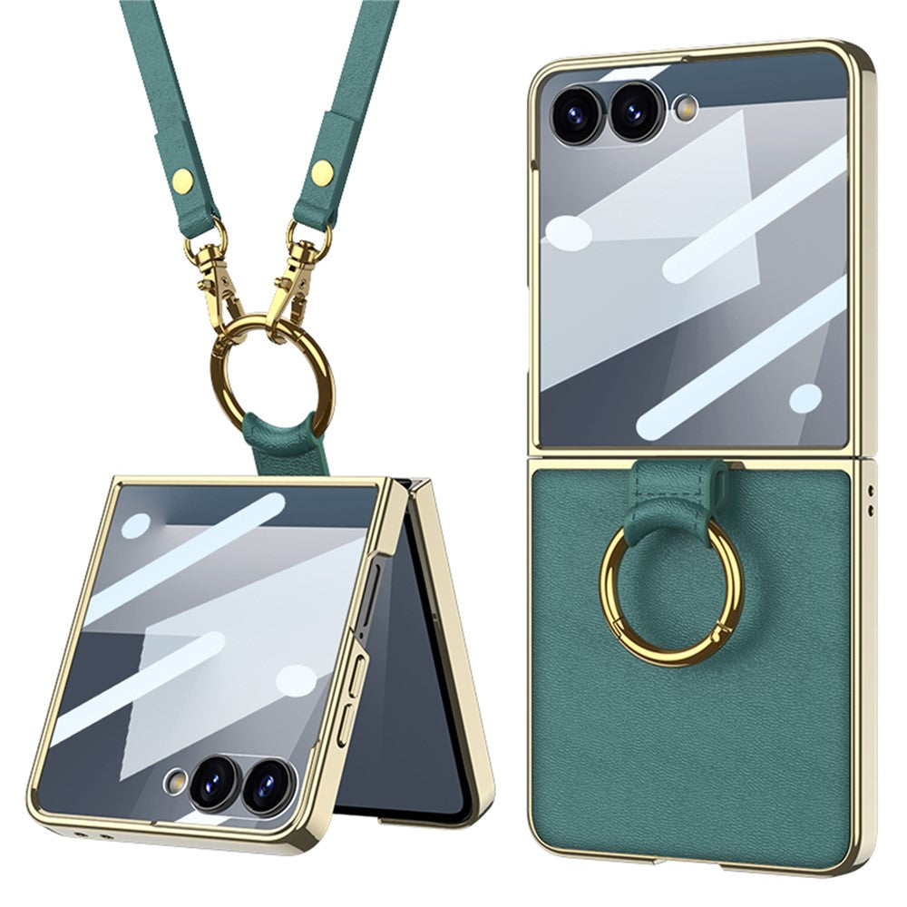 GKK For Samsung Galaxy Z Flip7 5G Case Ring Kickstand PU Leather + PC Phone Cover with Small Screen Film / Shoulder Strap - Green