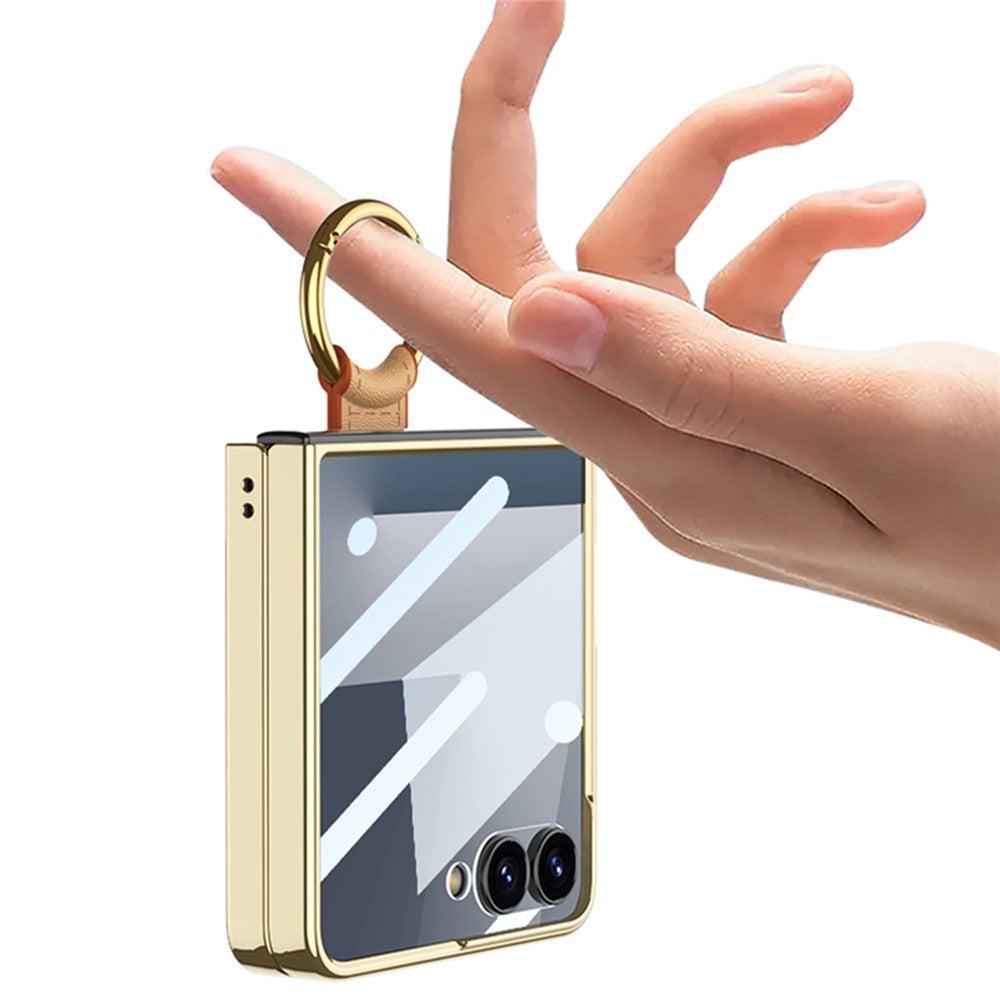 GKK For Samsung Galaxy Z Flip7 5G Case Ring Kickstand PU Leather + PC Phone Cover with Small Screen Film / Shoulder Strap - Dark Yellow