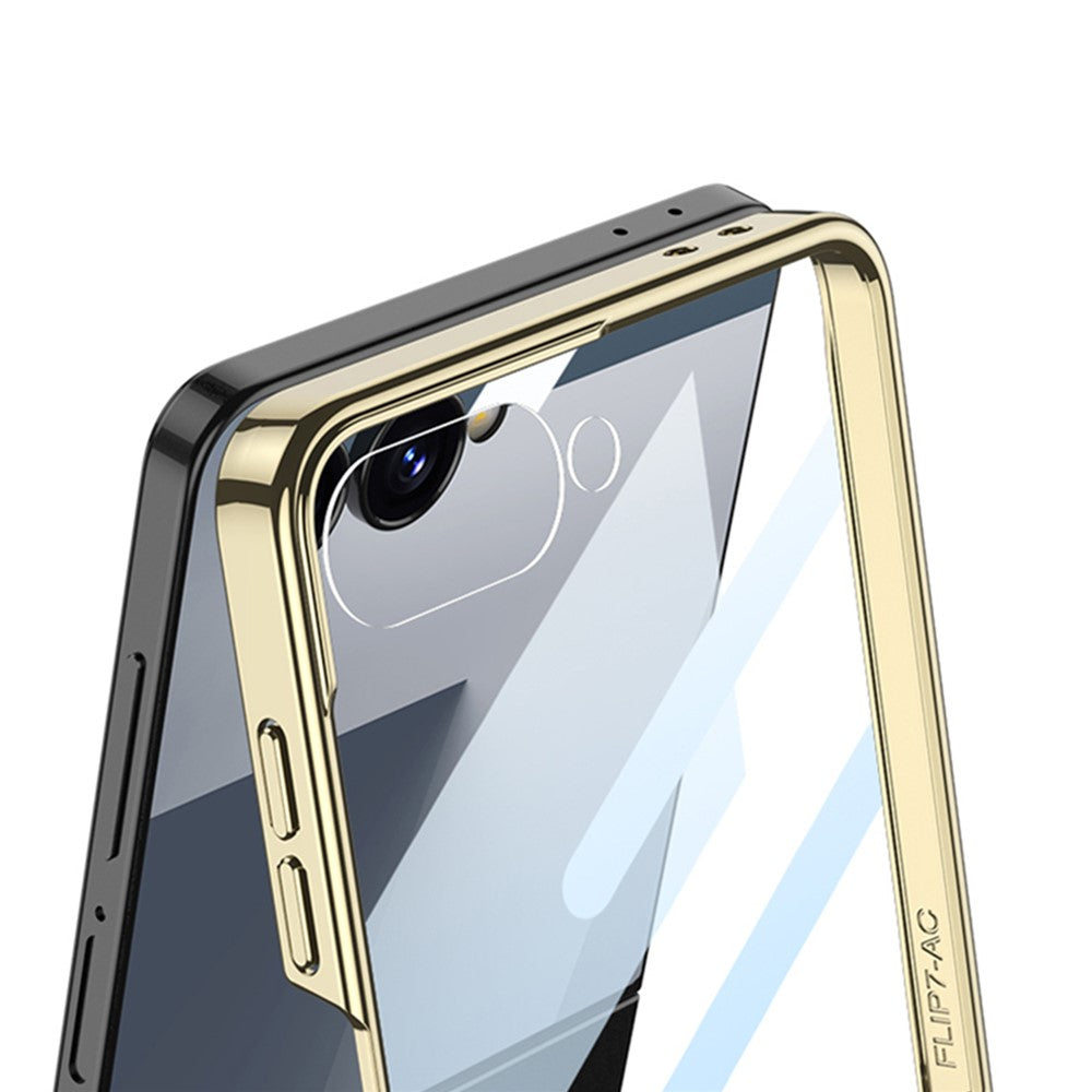 GKK For Samsung Galaxy Z Flip7 5G Case Ring Kickstand PU Leather + PC Phone Cover with Small Screen Film / Shoulder Strap - Dark Yellow