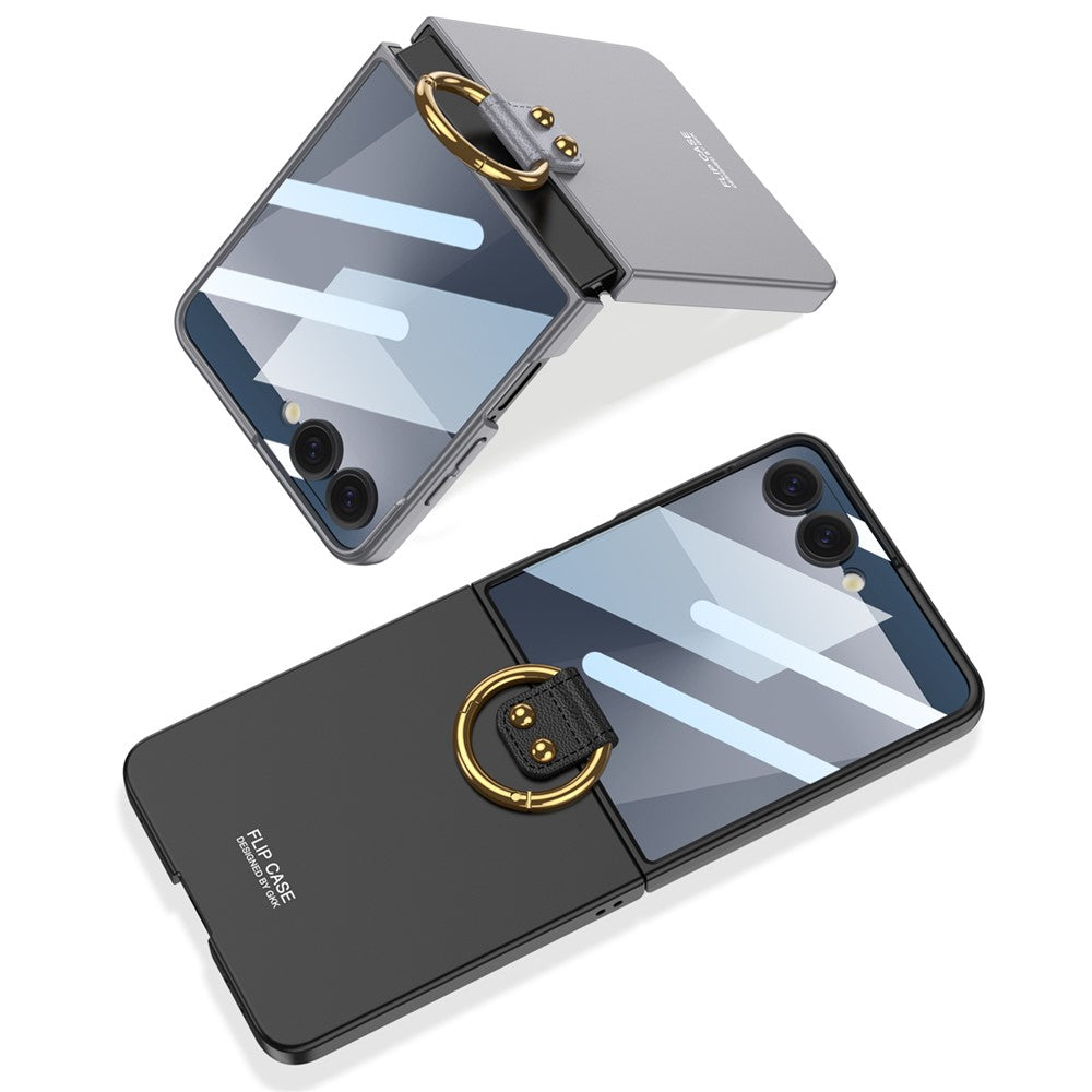 GKK For Samsung Galaxy Z Flip7 5G Case with Ring Holder Metal Plate PC + Tempered Glass Phone Cover - Grey