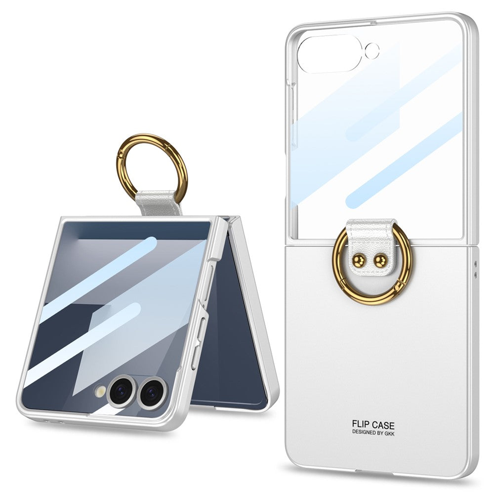 GKK For Samsung Galaxy Z Flip7 5G Case with Ring Holder Metal Plate PC + Tempered Glass Phone Cover - Silver