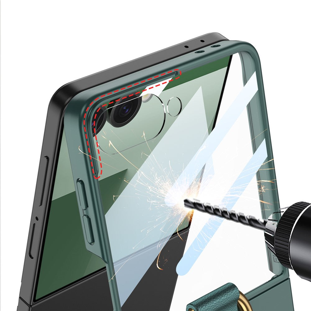 GKK For Samsung Galaxy Z Flip7 5G Case with Ring Holder Metal Plate PC + Tempered Glass Phone Cover - Silver