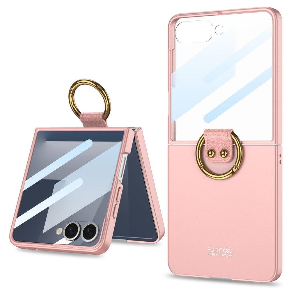 GKK For Samsung Galaxy Z Flip7 5G Case with Ring Holder Metal Plate PC + Tempered Glass Phone Cover - Pink