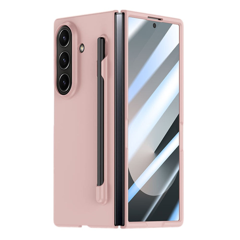 For Samsung Galaxy Z Fold7 5G Case Skin Feel Phone Cover with Tempered Glass Film / Pen Slot - Pink