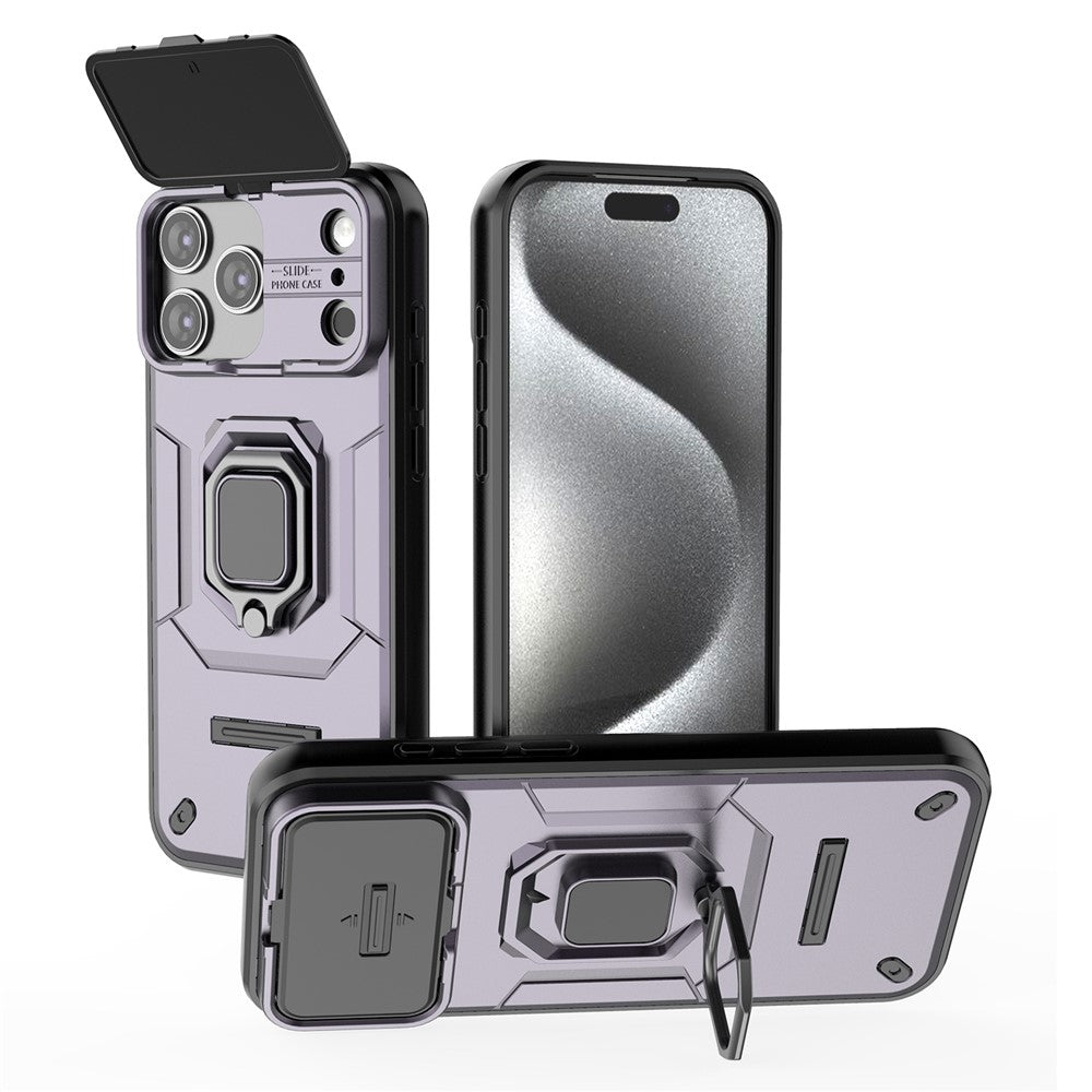 For iPhone 17 Pro Max Case PC + TPU Kickstand Phone Protector with Lens Cover - Purple