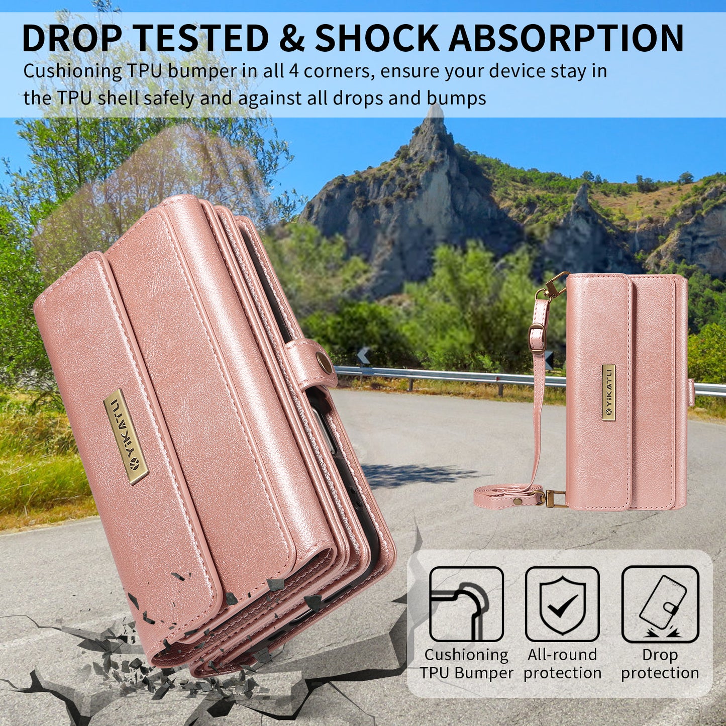 For iPhone 17 Pro Max Case YIKATU YK-008 Zipper Wallet Leather Phone Cover with Shoulder Strap - Rose Gold