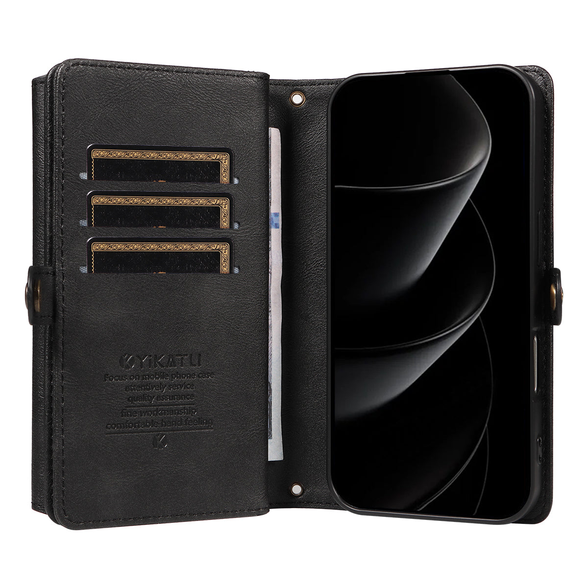 For iPhone 17 Pro Max Case YIKATU YK-008 Zipper Wallet Leather Phone Cover with Shoulder Strap - Black