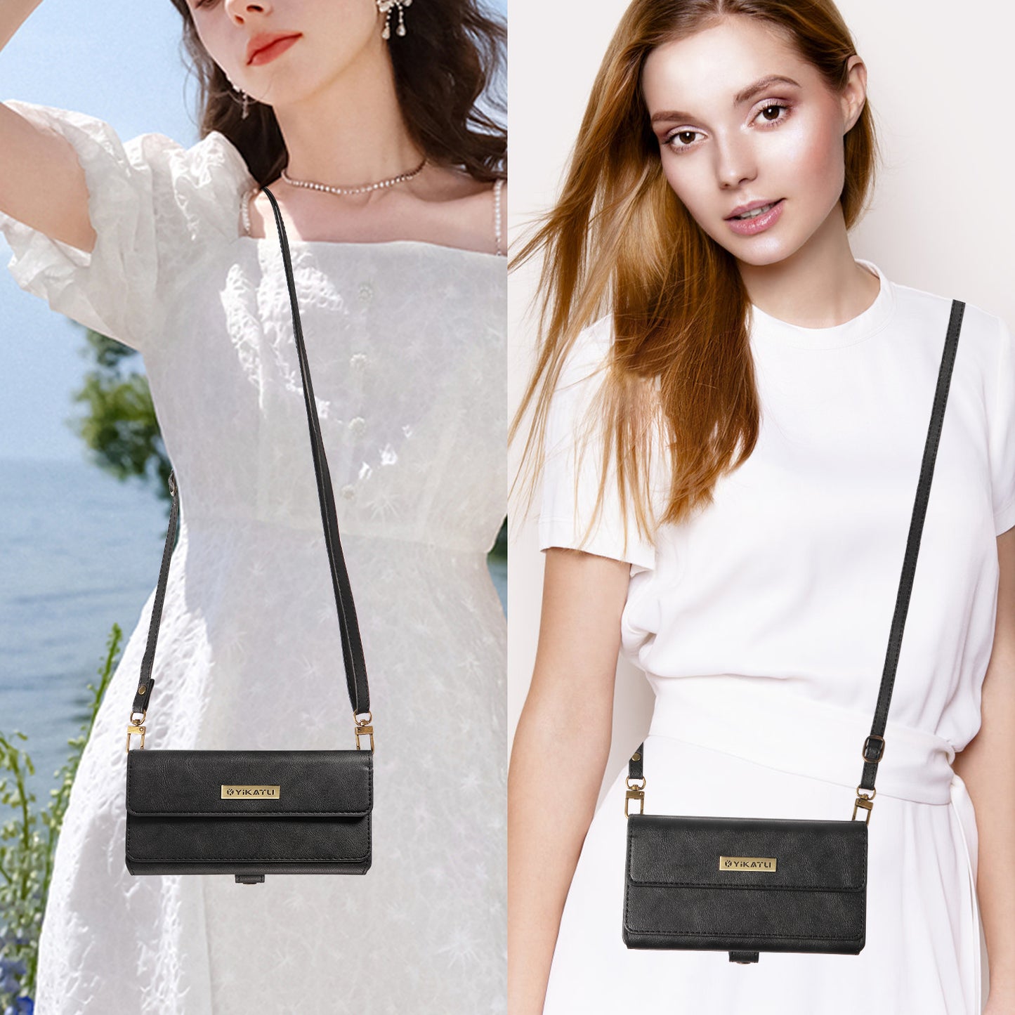 For iPhone 17 Pro Max Case YIKATU YK-008 Zipper Wallet Leather Phone Cover with Shoulder Strap - Black