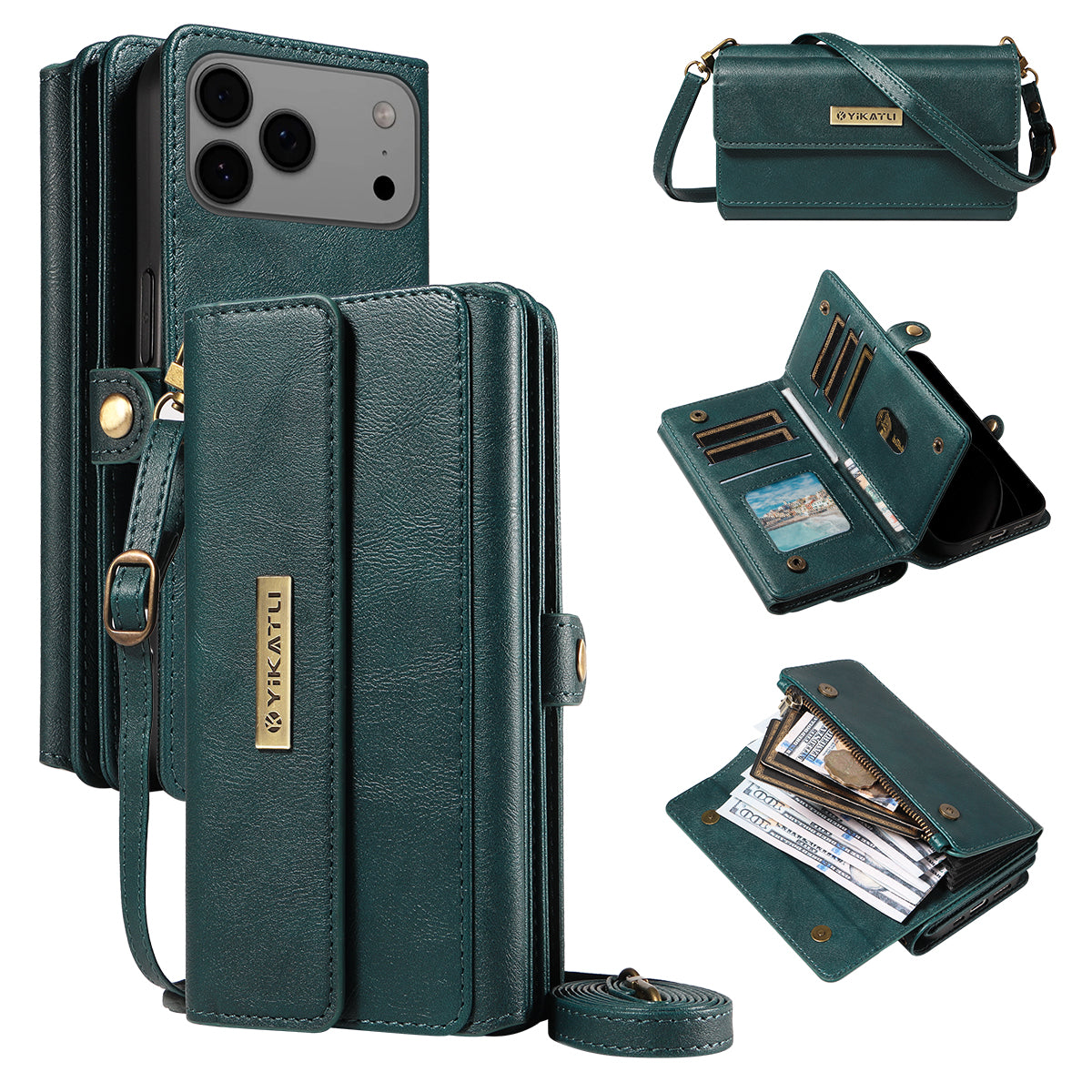 For iPhone 17 Pro Max Case YIKATU YK-008 Zipper Wallet Leather Phone Cover with Shoulder Strap - Green