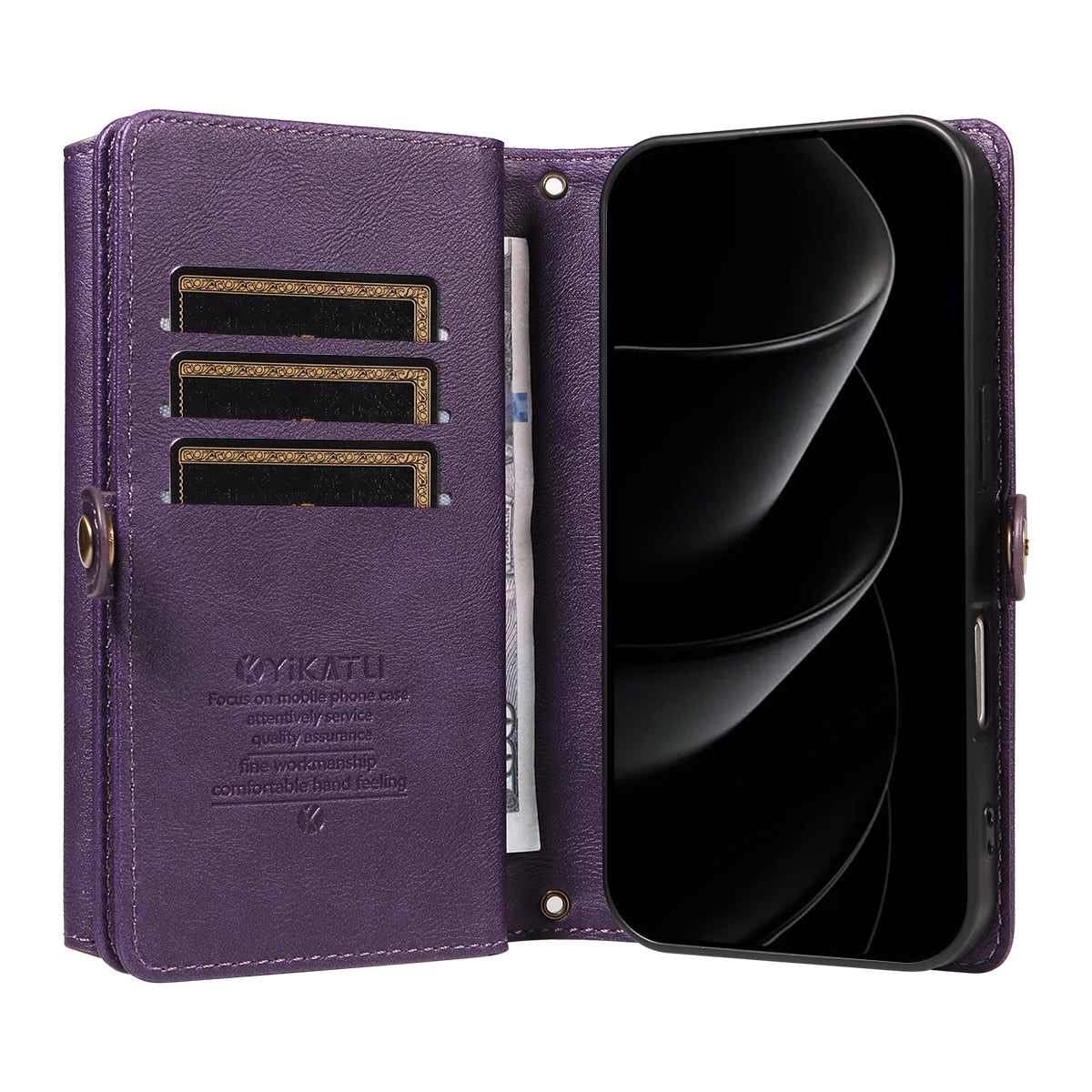 For iPhone 17 Pro Max Case YIKATU YK-008 Zipper Wallet Leather Phone Cover with Shoulder Strap - Purple